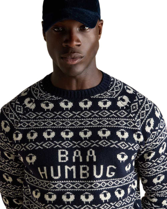 Navy Coloured Joules Mens Baa Humbug Intarsia Christmas Jumper on white background #colour_navy