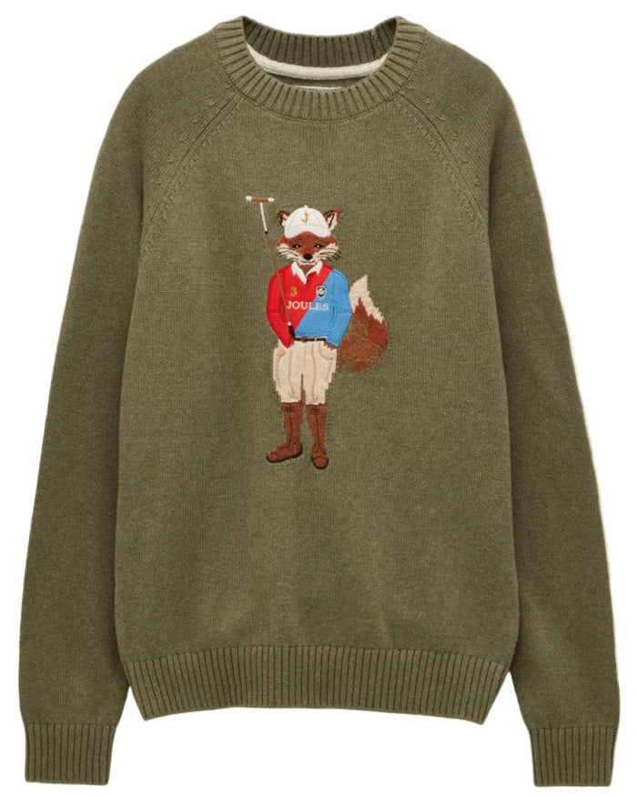 Khaki Green Coloured Joules Mens Jonty Intarsia Crew Knit Jumper on white background #colour_khaki-green