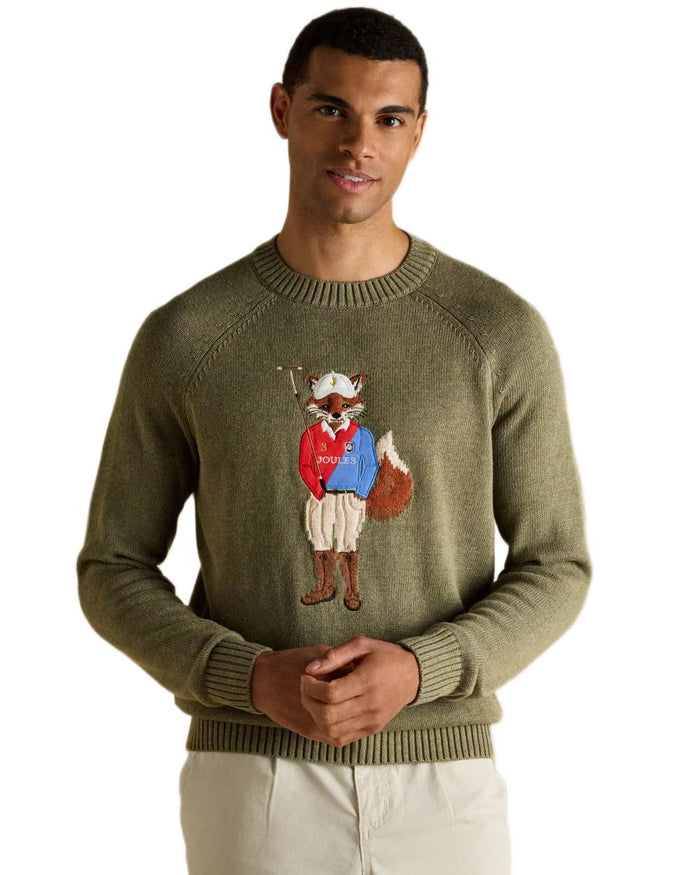 Khaki Green Coloured Joules Mens Jonty Intarsia Crew Knit Jumper on white background #colour_khaki-green