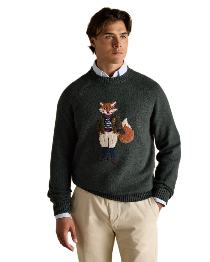 Green Coloured Joules Mens Jonty Intarsia Crew Knit Jumper on white background #colour_green