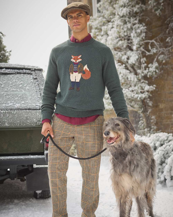 Green Coloured Joules Mens Jonty Intarsia Crew Knit Jumper on snow background #colour_green