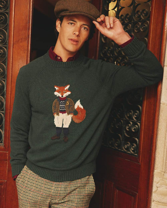 Green Coloured Joules Mens Jonty Intarsia Crew Knit Jumper on outdoor background #colour_green