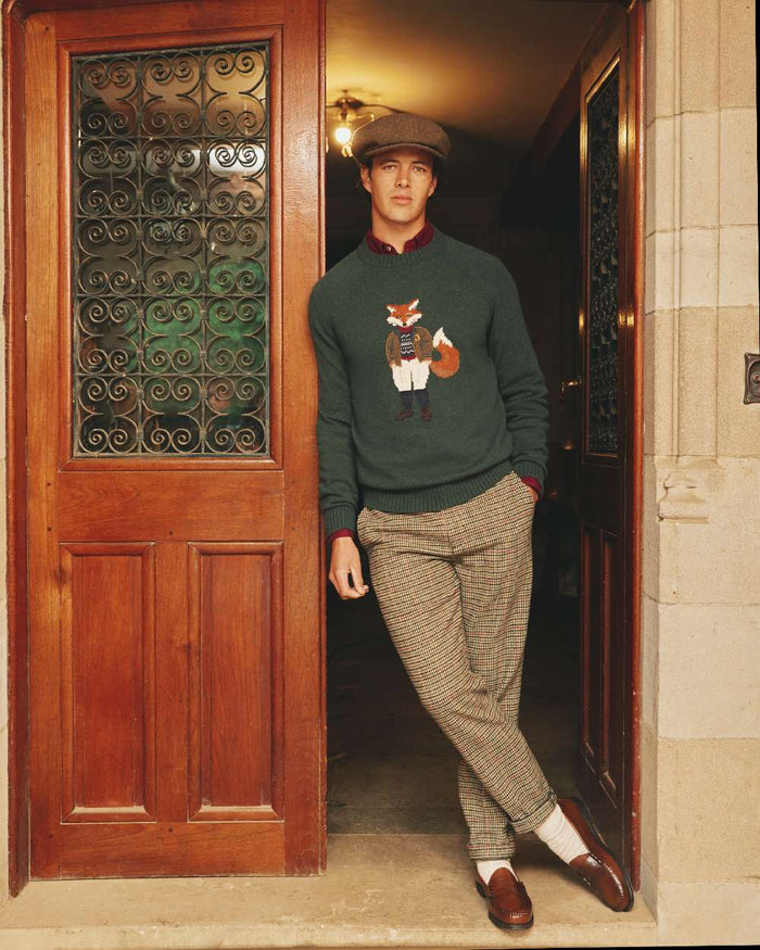 Green Coloured Joules Mens Jonty Intarsia Crew Knit Jumper on outdoor background #colour_green