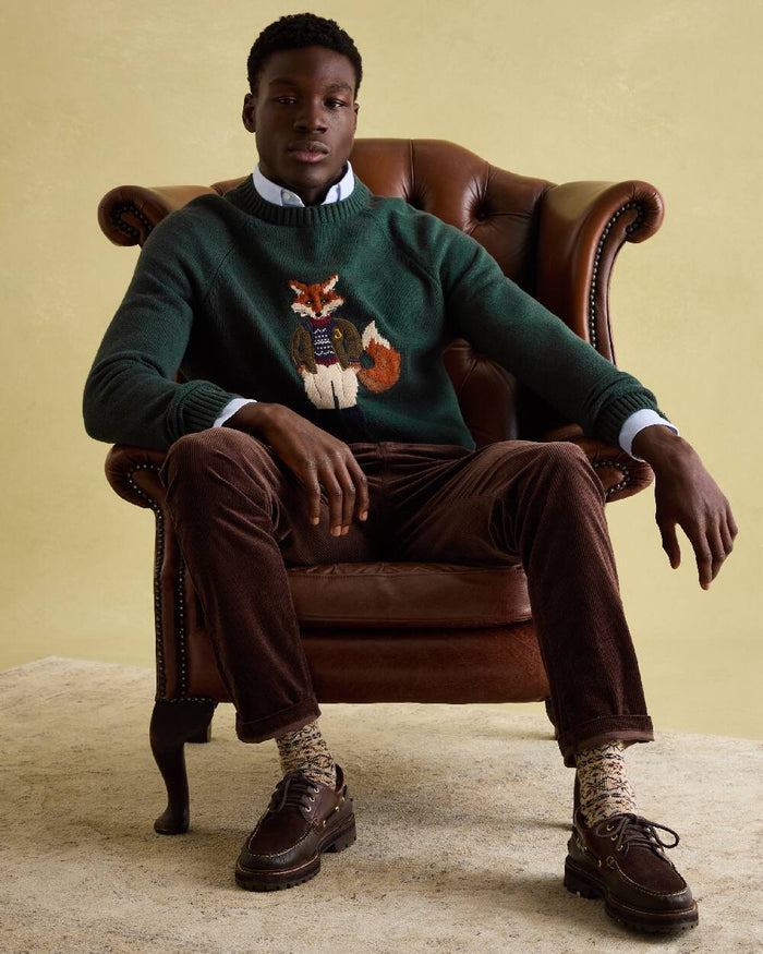 Green Coloured Joules Mens Jonty Intarsia Crew Knit Jumper on indoor background #colour_green