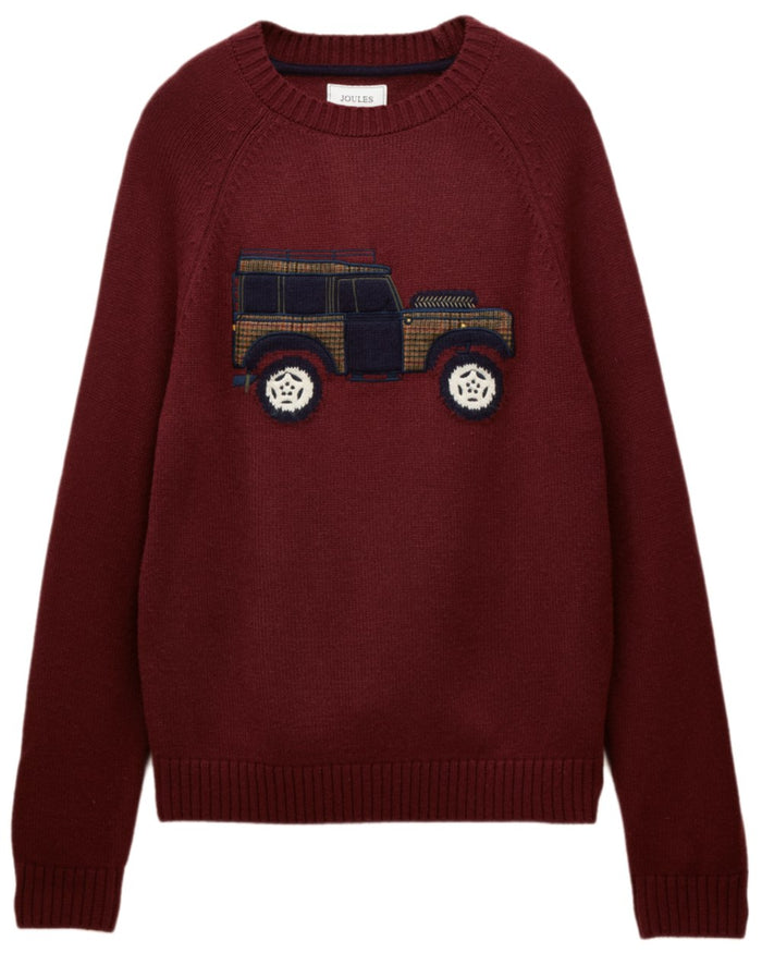 Burgundy Red Coloured Joules Mens Offroad Crew Neck Jumper on white background #colour_burgundy-red
