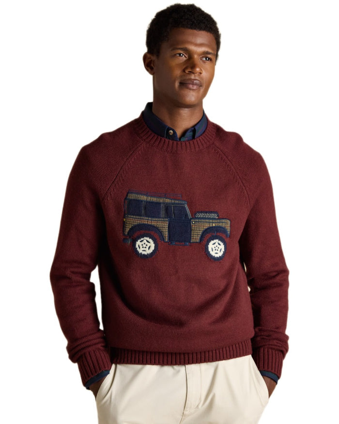 Burgundy Red Coloured Joules Mens Offroad Crew Neck Jumper on white background #colour_burgundy-red