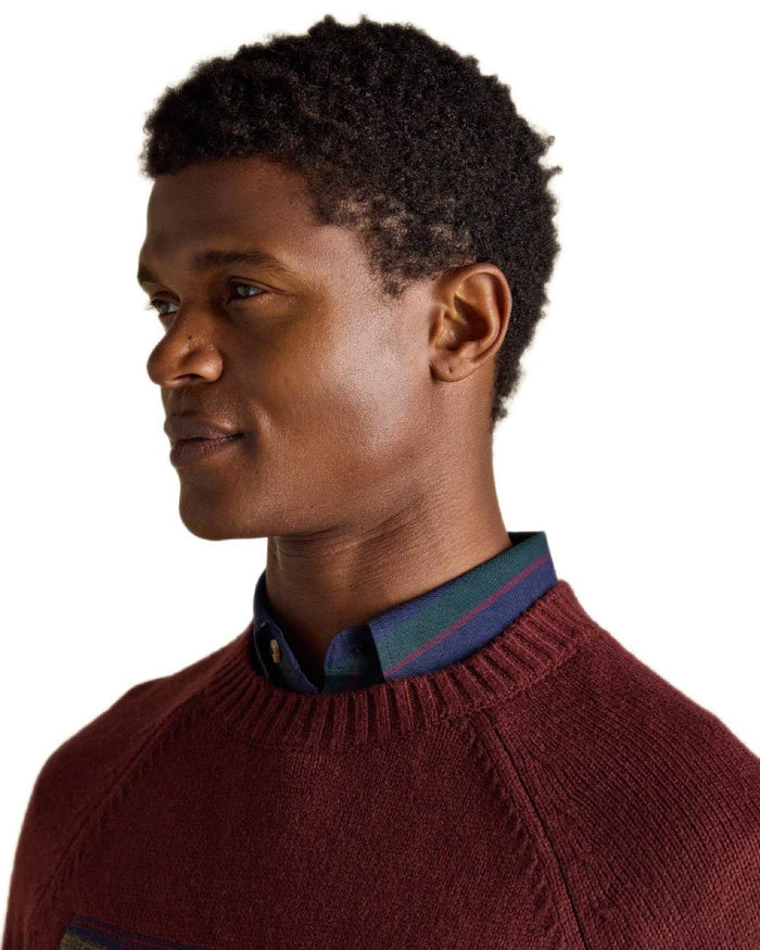 Burgundy Red Coloured Joules Mens Offroad Crew Neck Jumper on white background #colour_burgundy-red