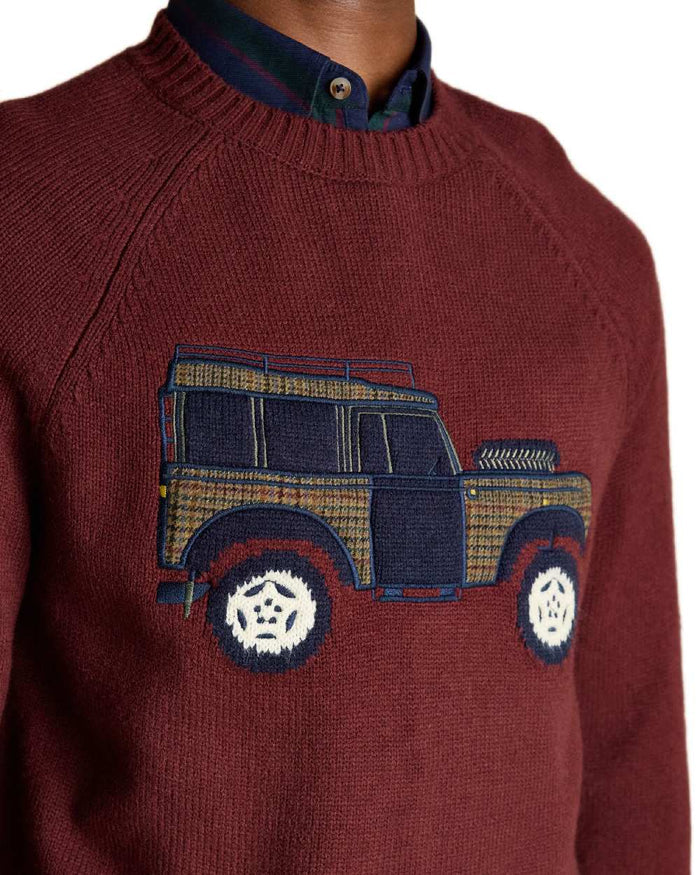 Burgundy Red Coloured Joules Mens Offroad Crew Neck Jumper on white background #colour_burgundy-red
