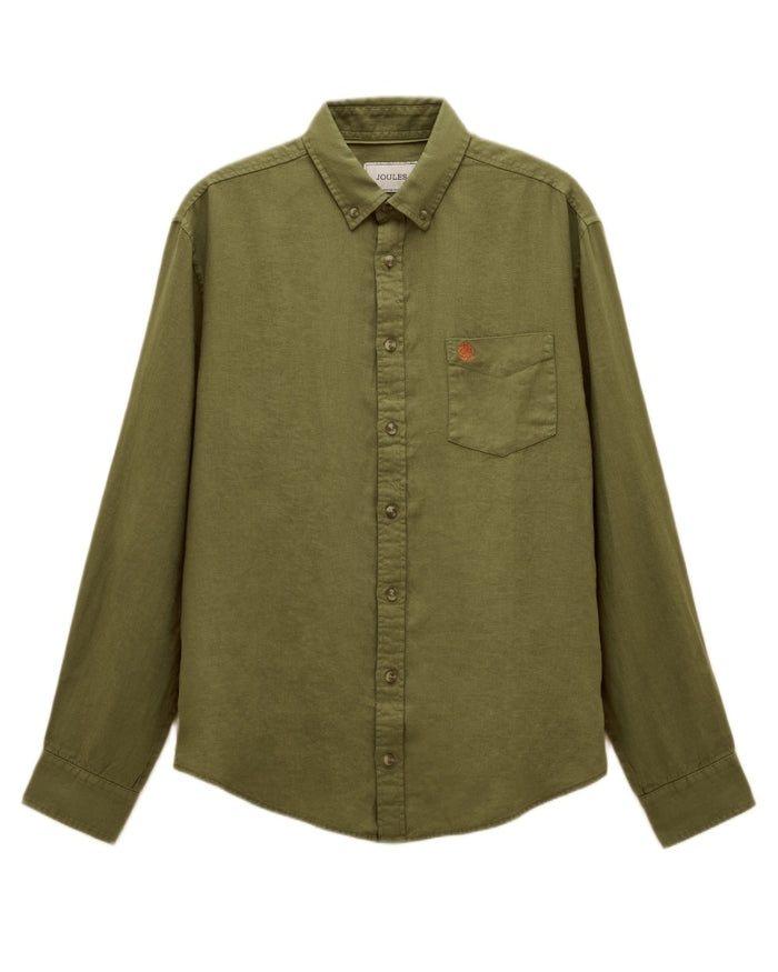 Khaki Green coloured Joules Mens Pure Linen Long Sleeve Classic Fit Shirt on white background #colour_khaki-green
