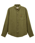 Khaki Green coloured Joules Mens Pure Linen Long Sleeve Classic Fit Shirt on white background #colour_khaki-green
