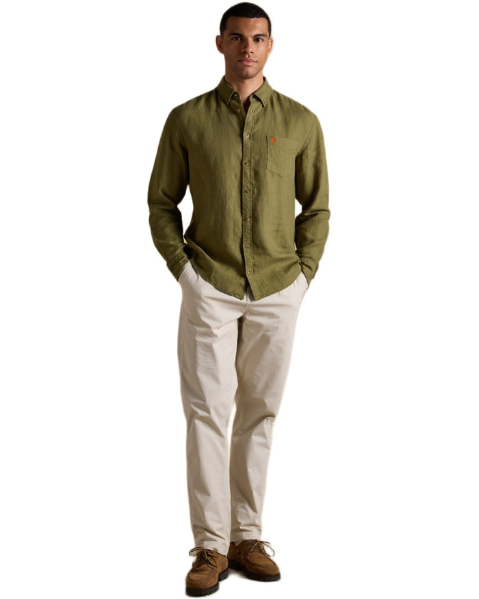 Khaki Green coloured Joules Mens Pure Linen Long Sleeve Classic Fit Shirt on white background #colour_khaki-green