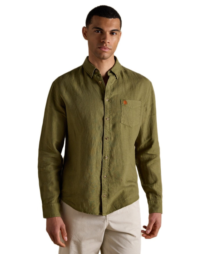 Khaki Green coloured Joules Mens Pure Linen Long Sleeve Classic Fit Shirt on white background #colour_khaki-green