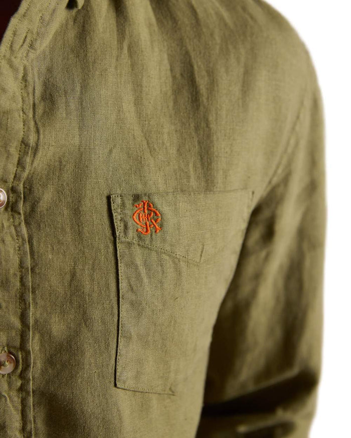 Khaki Green coloured Joules Mens Pure Linen Long Sleeve Classic Fit Shirt on white background #colour_khaki-green