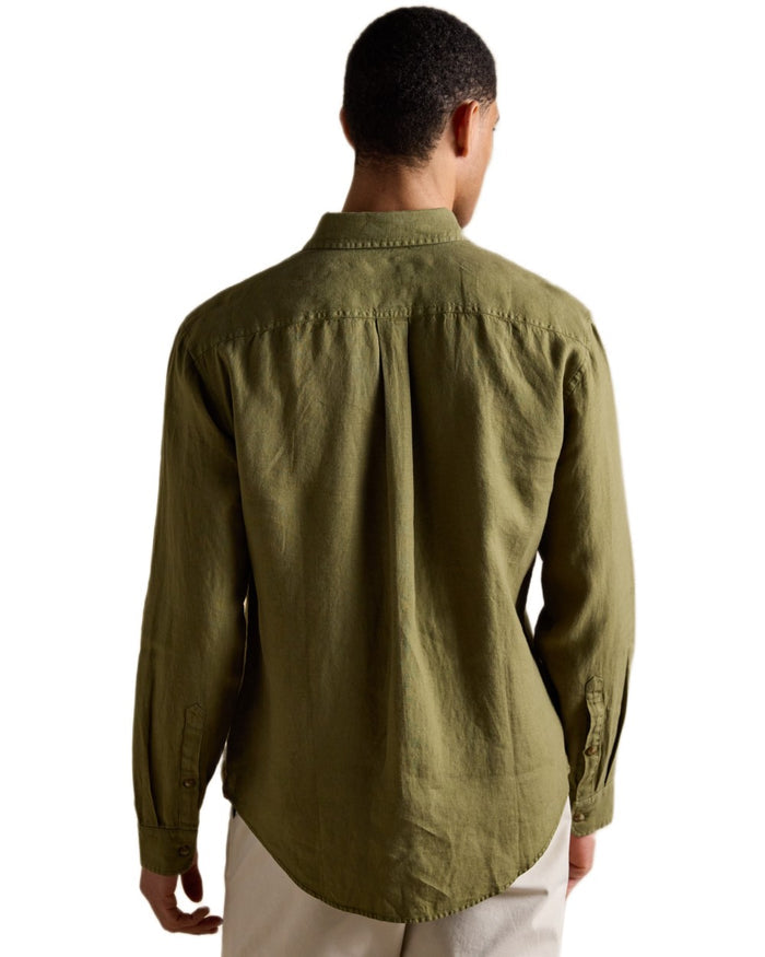 Khaki Green coloured Joules Mens Pure Linen Long Sleeve Classic Fit Shirt on white background #colour_khaki-green