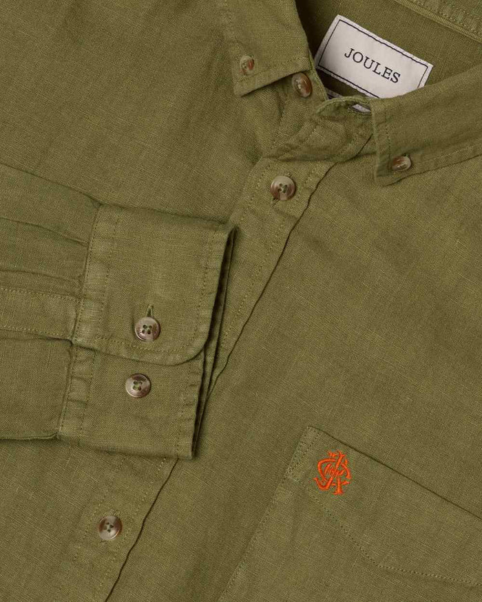 Khaki Green coloured Joules Mens Pure Linen Long Sleeve Classic Fit Shirt on white background #colour_khaki-green