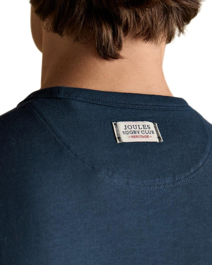 Navy coloured Joules Mens Rugby Club Crew Neck Cotton T-Shirt on white background #colour_navy