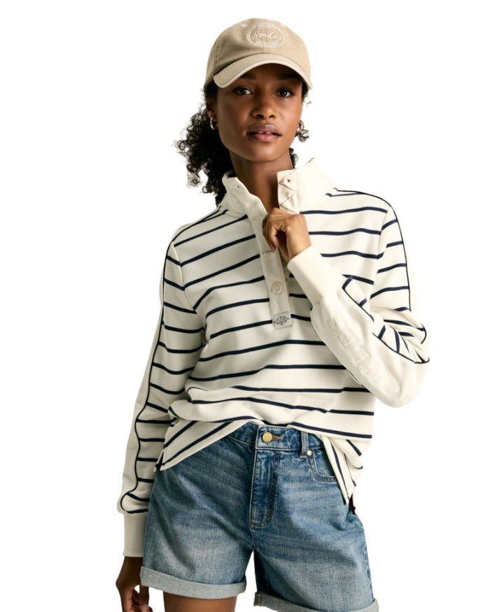 Navy Coloured Joules Southwold Button Down Striped Sweatshirt On A White Background #colour_navy