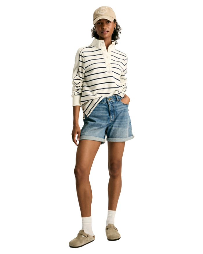 Navy Coloured Joules Southwold Button Down Striped Sweatshirt On A White Background #colour_navy