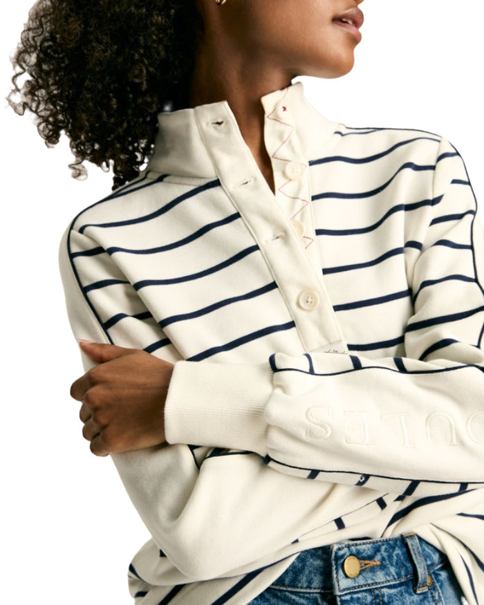 Navy Coloured Joules Southwold Button Down Striped Sweatshirt On A White Background #colour_navy
