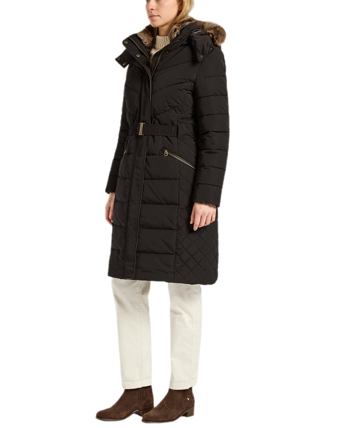 Black Coloured Joules Womens Aspen Long Showerproof Padded Coat on white background #colour_black