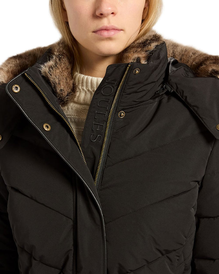 Black Coloured Joules Womens Aspen Long Showerproof Padded Coat on white background #colour_black