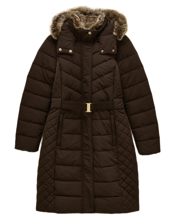 Brown Coloured Joules Womens Aspen Showerproof Longline Padded Coat on white background #colour_brown