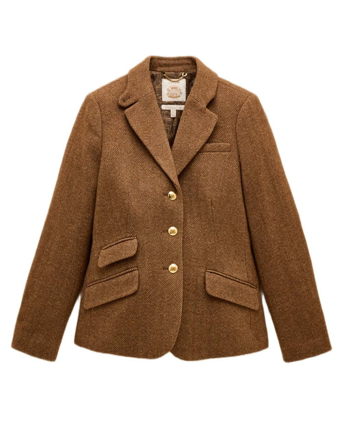 Brown Herringbone coloured Joules Womens Canterly Tweed Hacking Jacket on white background #colour_brown-herringbone