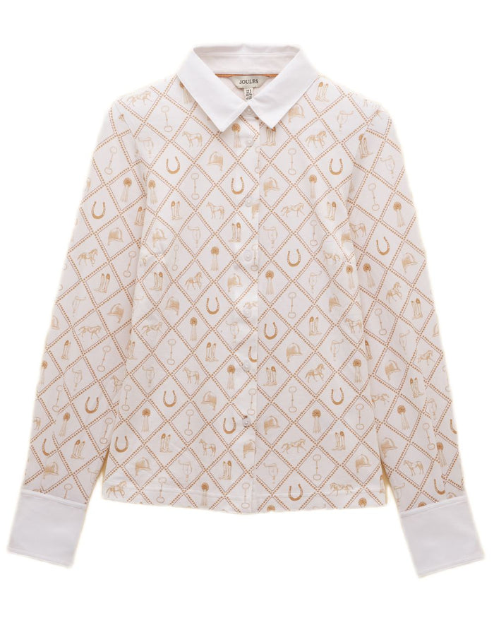 White coloured Joules Womens Charlotte Horse Icons Printed Jersey Shirt on white background #colour_white