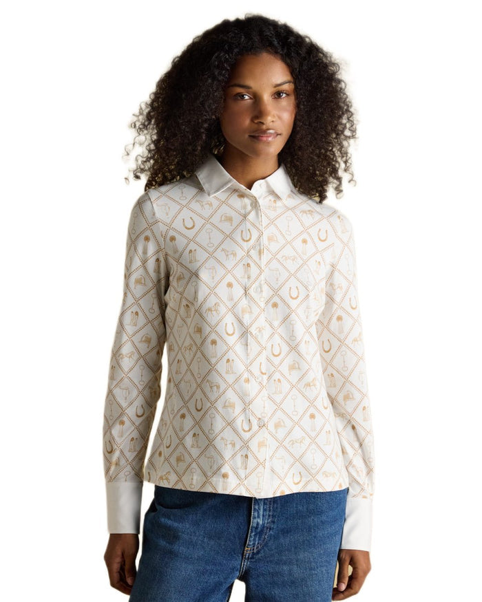 White coloured Joules Womens Charlotte Horse Icons Printed Jersey Shirt on white background #colour_white