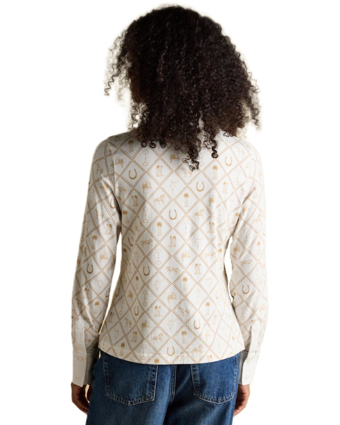 White coloured Joules Womens Charlotte Horse Icons Printed Jersey Shirt on white background #colour_white