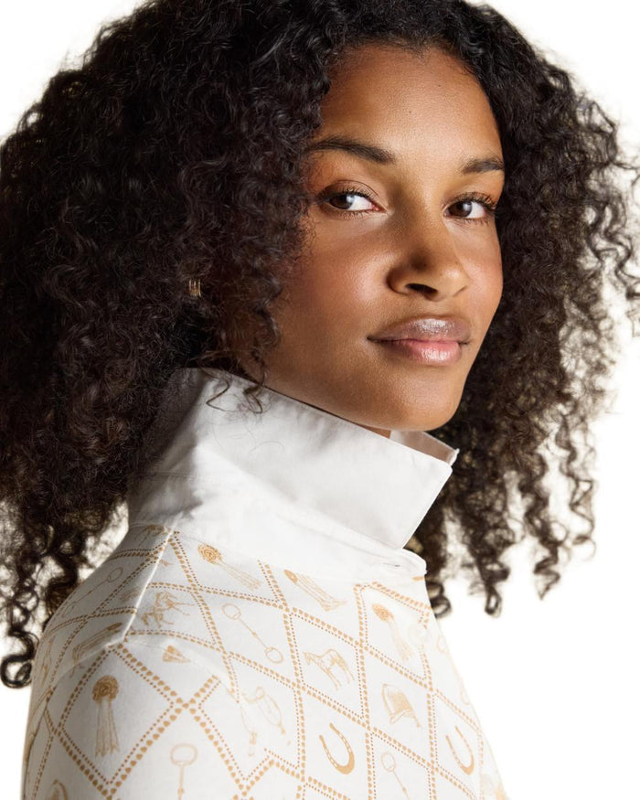 White coloured Joules Womens Charlotte Horse Icons Printed Jersey Shirt on white background #colour_white