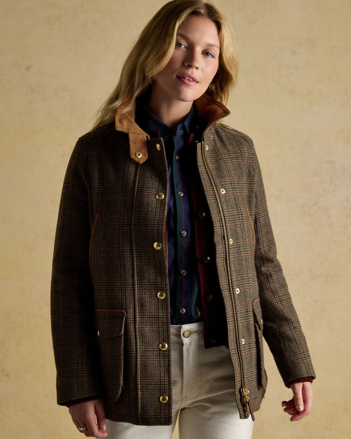 Roston Tweed coloured Joules Womens Contemporary Tweed Fieldcoat on wall background #colour_roston-tweed
