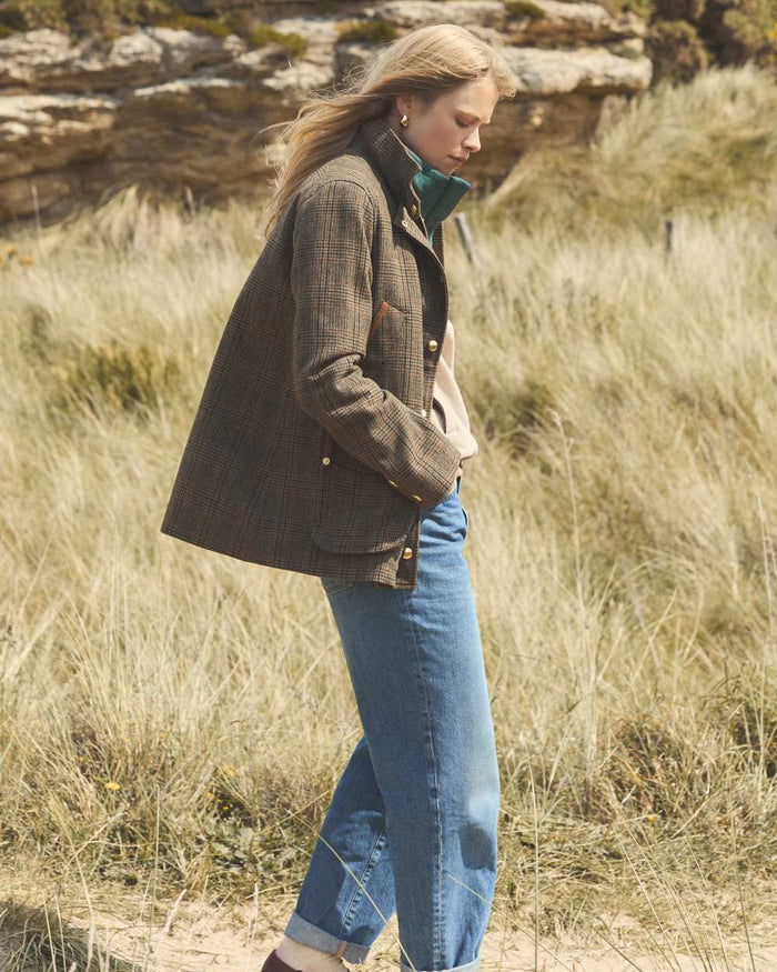 Roston Tweed coloured Joules Womens Contemporary Tweed Fieldcoat on outdoor background #colour_roston-tweed