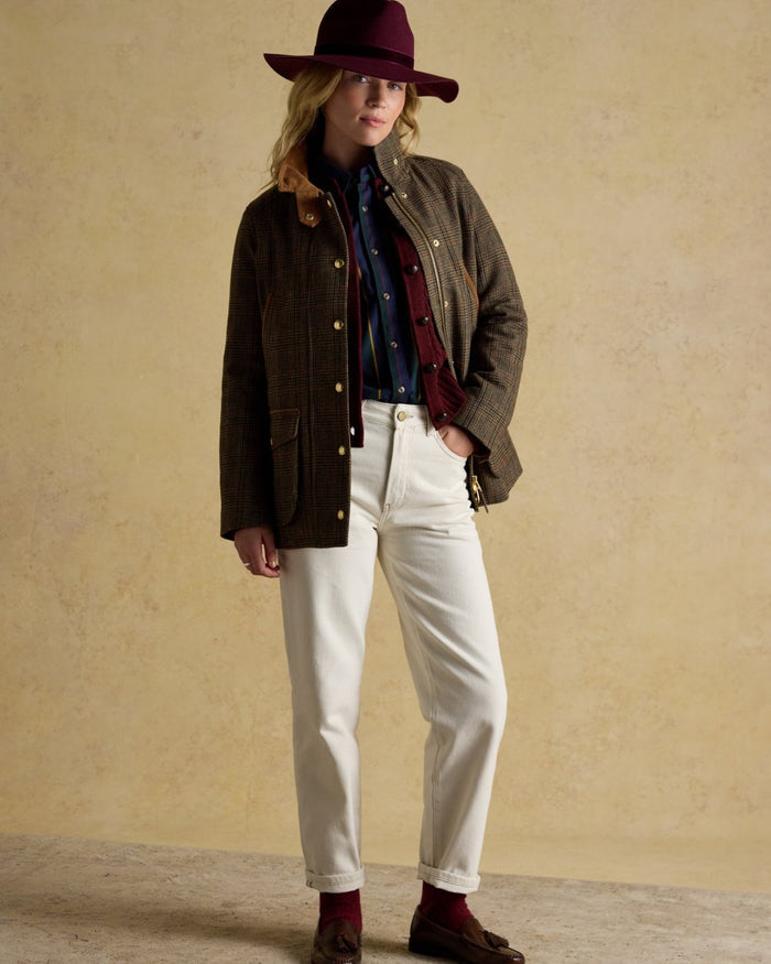 Roston Tweed coloured Joules Womens Contemporary Tweed Fieldcoat on wall background #colour_roston-tweed