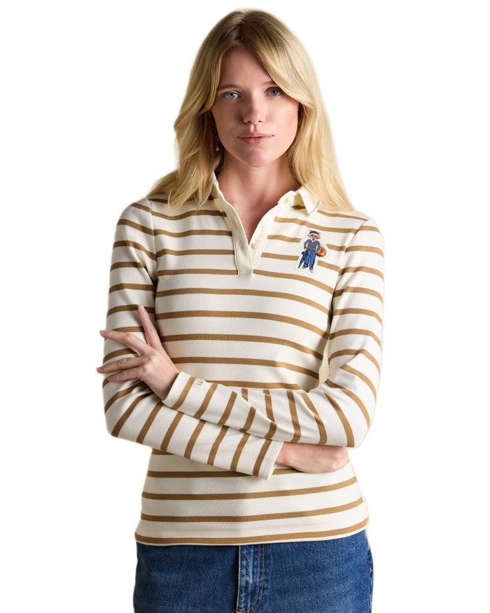 Tan Stripe Coloured Joules Womens Fairfield Jonty Polo Shirts on white background #colour_tan-stripe