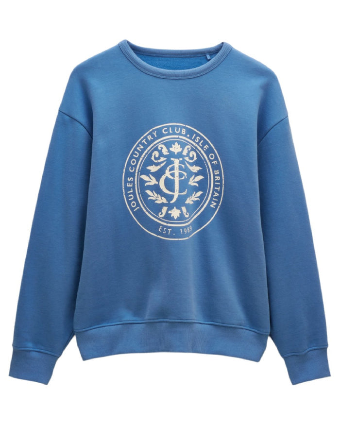 Blue coloured Joules Womens Graphic Crew Neck Sweatshirt on white background #colour_blue