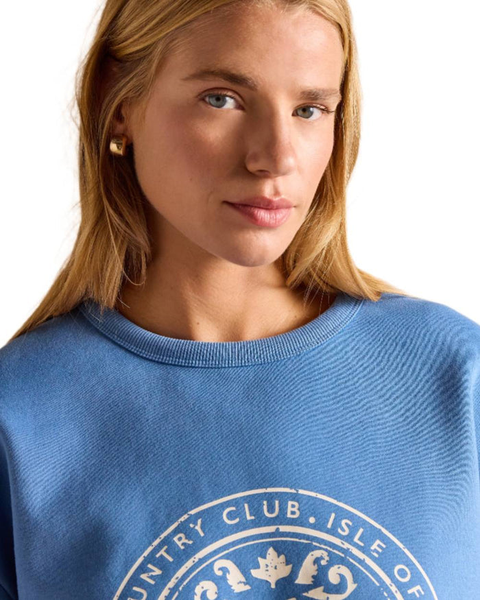 Blue coloured Joules Womens Graphic Crew Neck Sweatshirt on white background #colour_blue