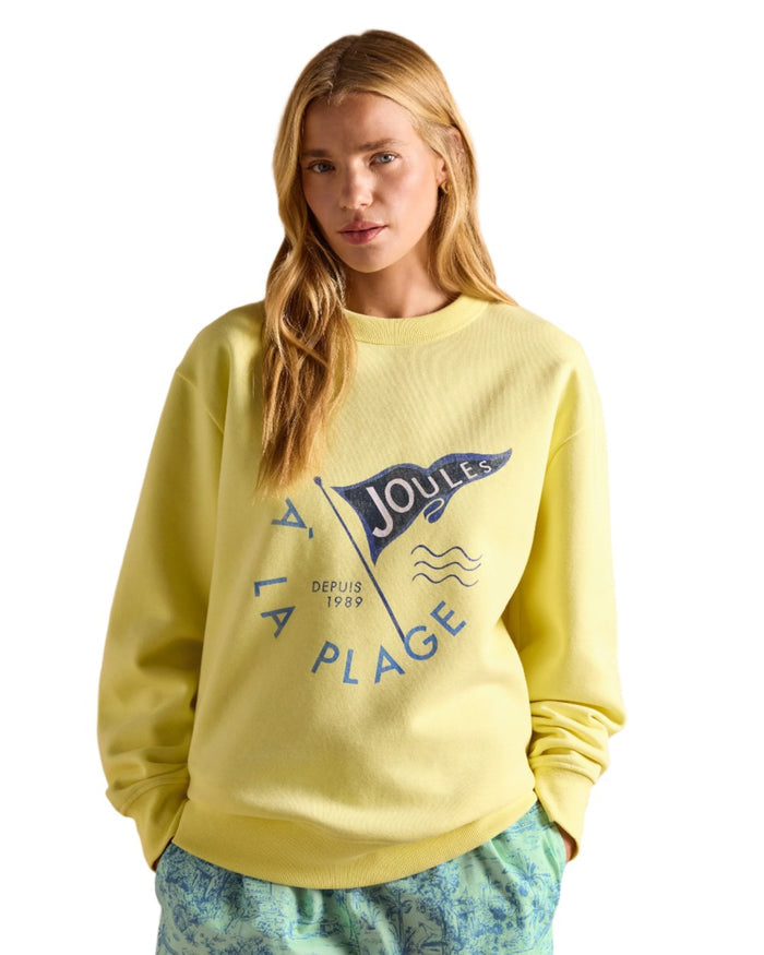 Yellow coloured Joules Womens Graphic Crew Neck Sweatshirt on white background #colour_yellow