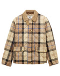 Brown check coloured Joules Womens Harrogate Showerproof Diamond Quilted Barn Jacket on white background #colour_brown-check