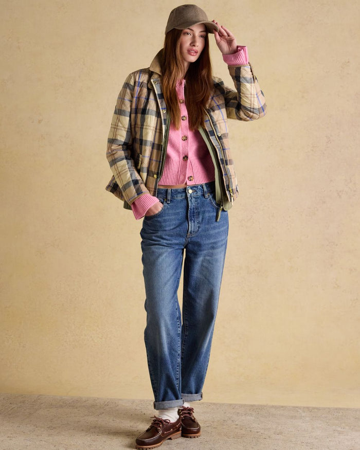 Brown check coloured Joules Womens Harrogate Showerproof Diamond Quilted Barn Jacket on wall background #colour_brown-check