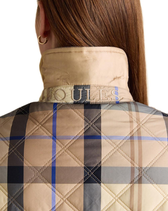 Brown check coloured Joules Womens Harrogate Showerproof Diamond Quilted Barn Jacket on white background #colour_brown-check