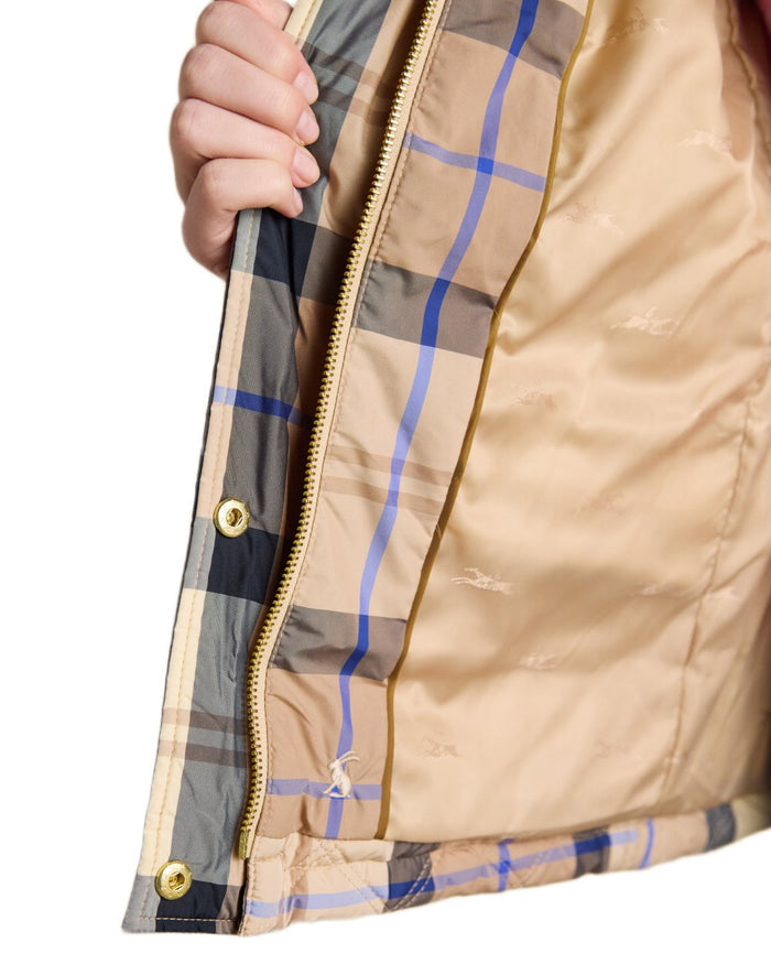 Brown check coloured Joules Womens Harrogate Showerproof Diamond Quilted Barn Jacket on white background #colour_brown-check