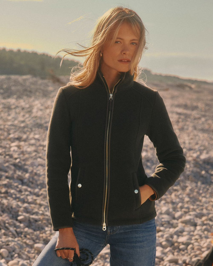 Green Coloured Joules Womens Heritage Full Zip Through Fleece on beach background #colour_green