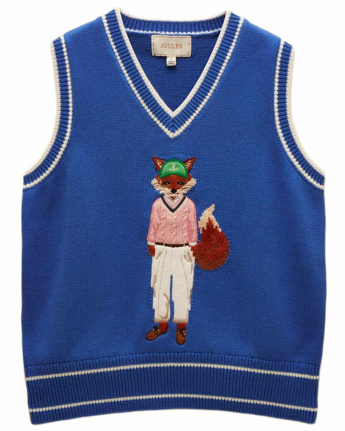 Blue coloured Joules Womens Jonty Fox Intarsia Knitted Cotton Vest on white background #colour_blue