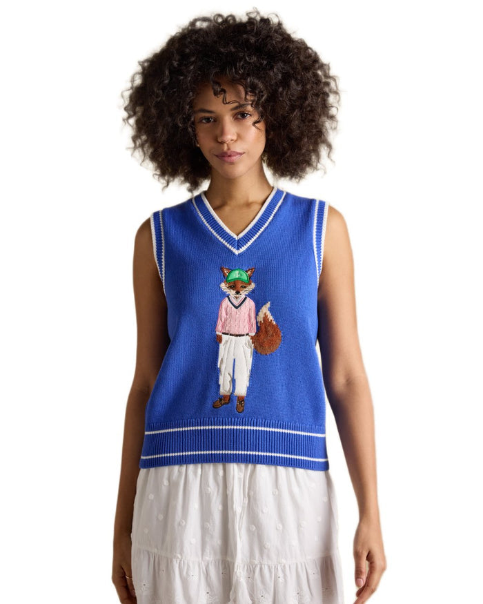 Blue coloured Joules Womens Jonty Fox Intarsia Knitted Cotton Vest on white background #colour_blue