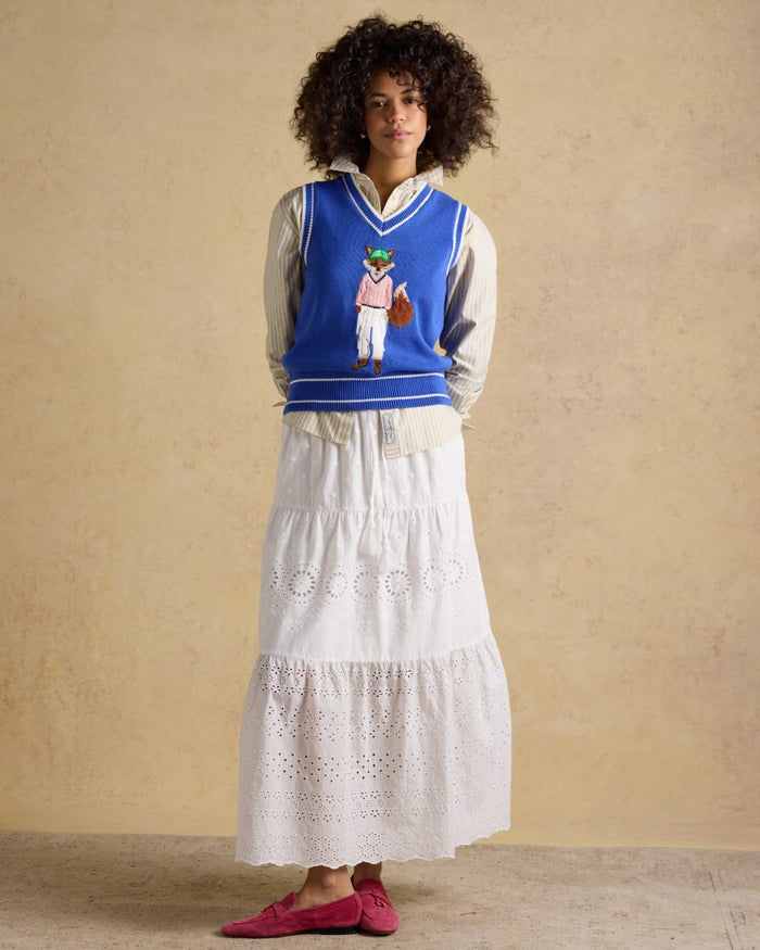 Blue coloured Joules Womens Jonty Fox Intarsia Knitted Cotton Vest on wall background #colour_blue