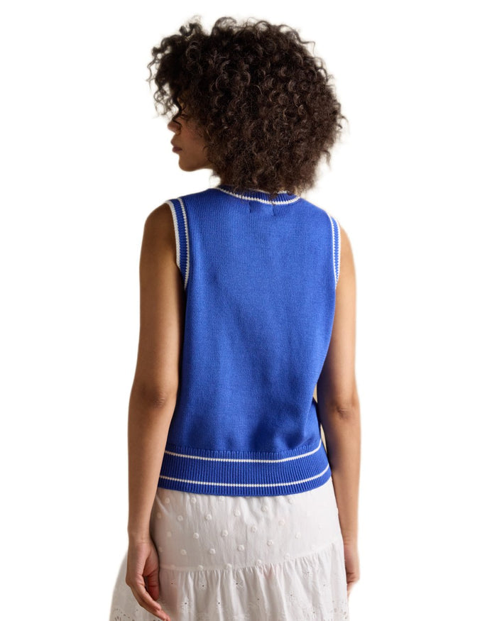 Blue coloured Joules Womens Jonty Fox Intarsia Knitted Cotton Vest on white background #colour_blue