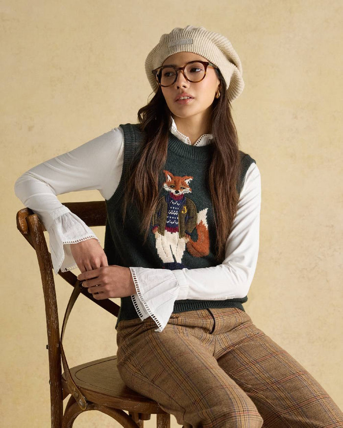 Green Coloured Joules Womens Jonty Intarsia Cotton Rich Knitted Vest on indoor background #colour_green