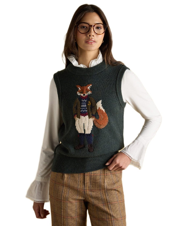 Green Coloured Joules Womens Jonty Intarsia Cotton Rich Knitted Vest on white background #colour_green
