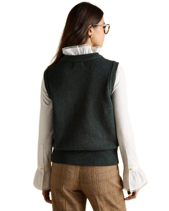 Green Coloured Joules Womens Jonty Intarsia Cotton Rich Knitted Vest on white background #colour_green